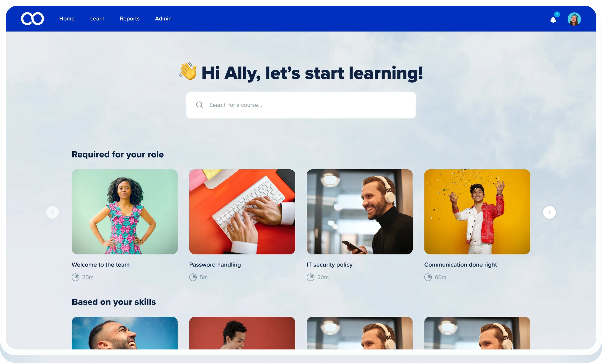 Eloomi learning and performance management platform dashboard
