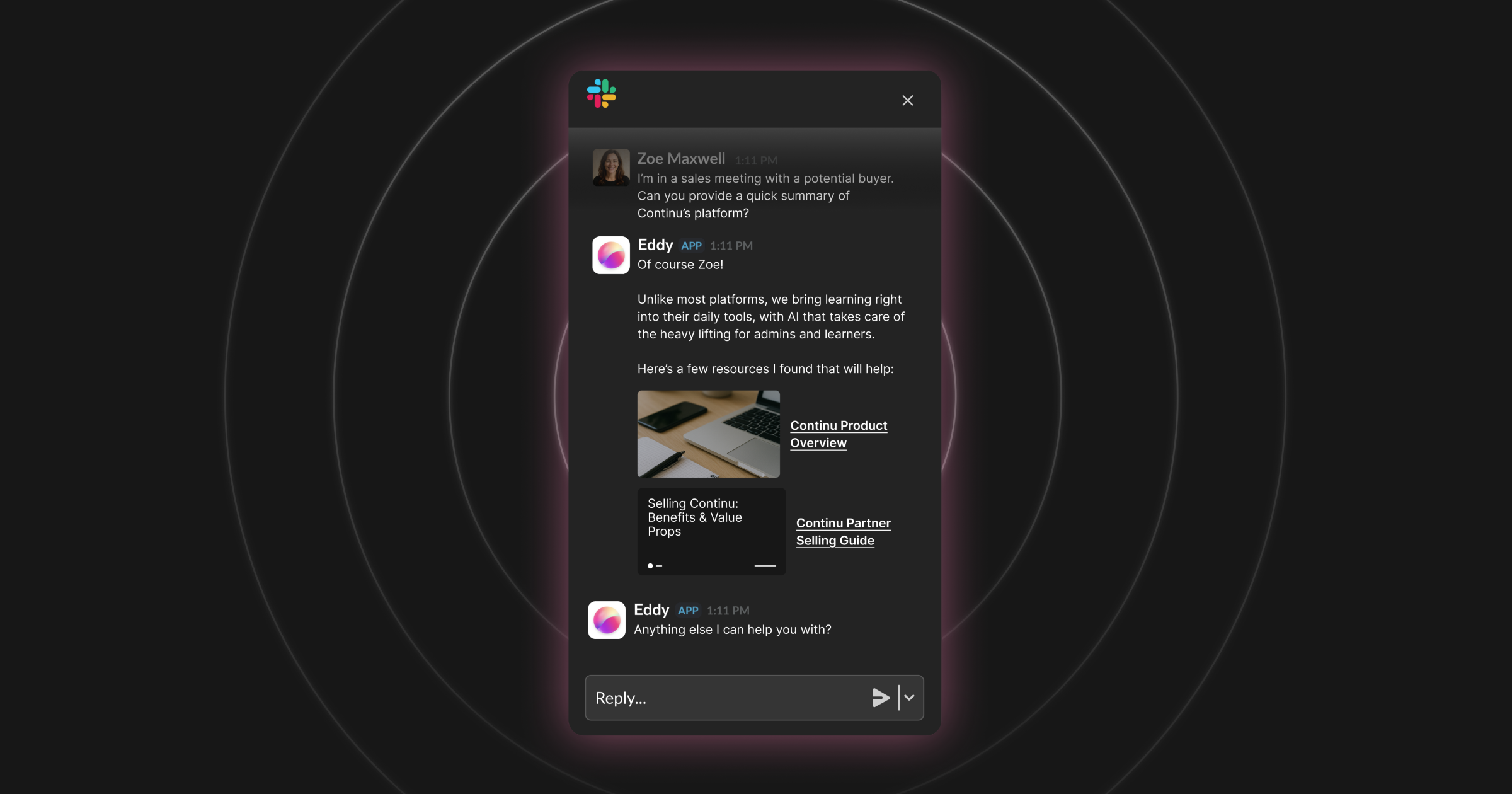 Example of Continu's AI-powered learning agent, Eddy, answering partner question in real-time.