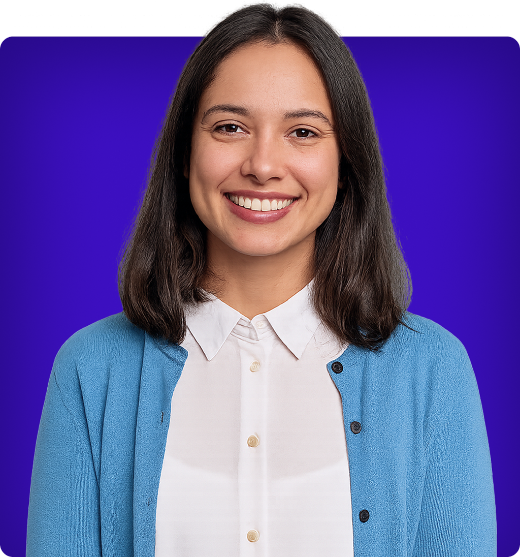 Smiling woman with shoulder-length dark hair wearing a white shirt and blue cardigan standing against a purple background, with overlay text reading 'Comprehensive ID Verification That Stops Deepfakes and Interview Surrogates' and a fingerprint icon.