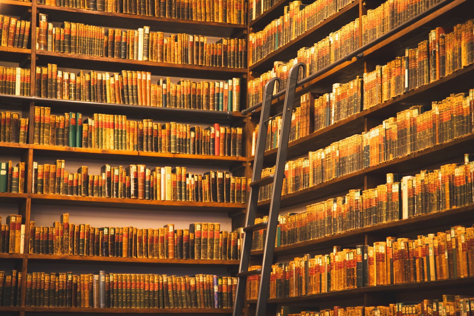 A cozy library corner with tall wooden bookshelves and a ladder, representing traditional legal research versus AI-generated case law verification.