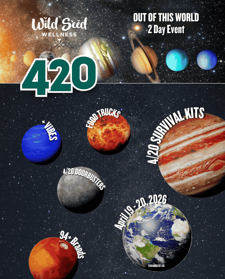 APRIL 19-20 2026 2 day sale 42% off 4/20 Doorbusters 4/20 Survival Kits first 50 guests with purchase food trucks 94+ brands and vibes 2 day sale out of this world event on space background with planets