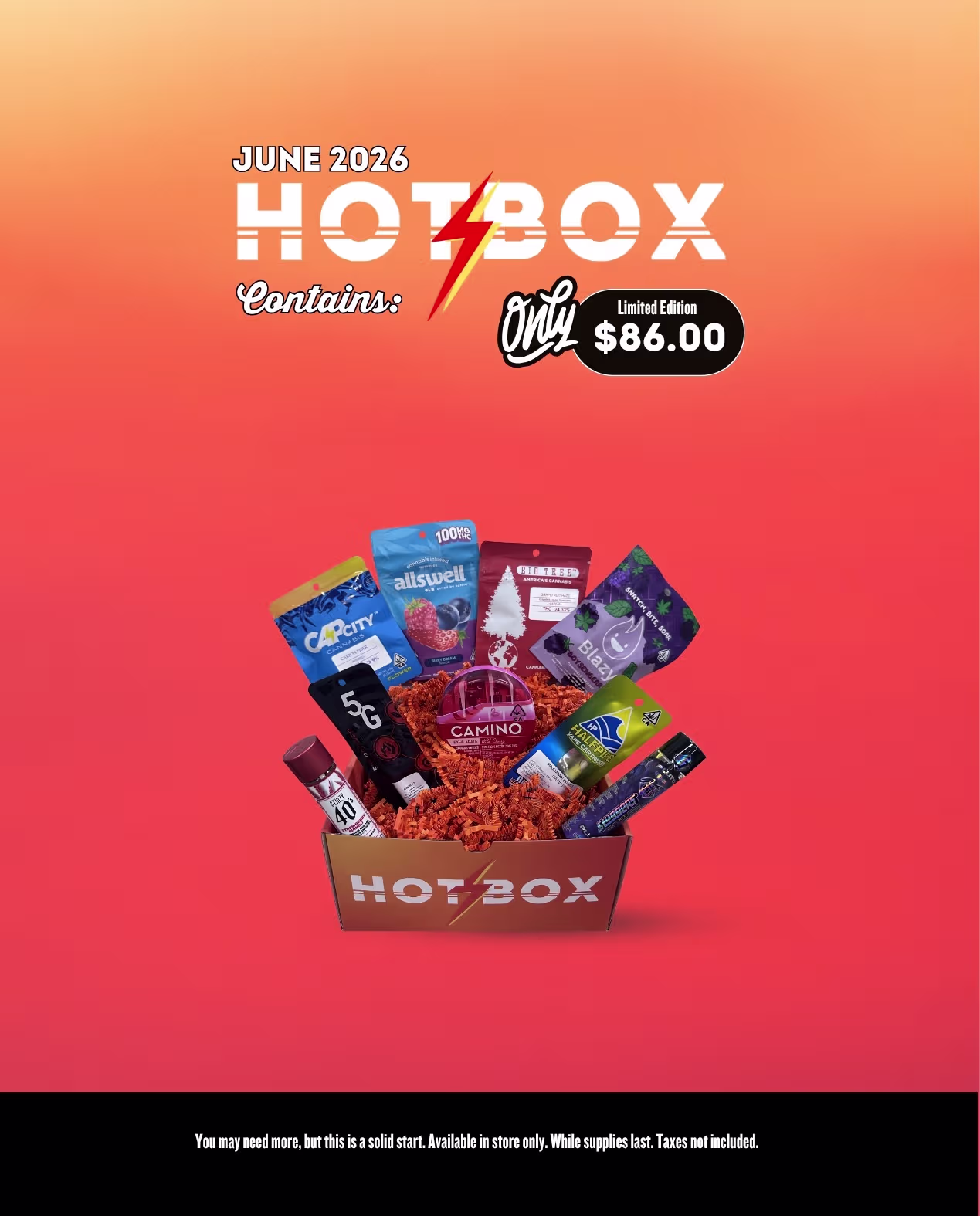 Colorful promotional poster titled “Hot Box” for May 2026, displaying cannabis product deals