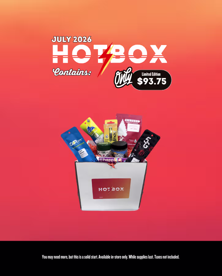Colorful promotional poster titled “Hot Box” for May 2026, displaying cannabis product deals