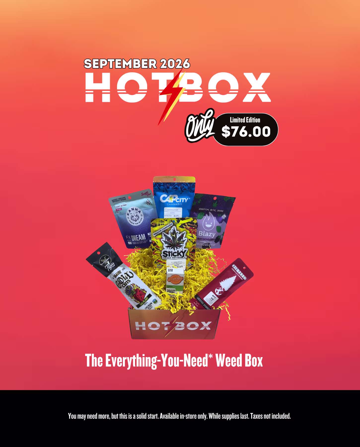 Colorful promotional poster titled “Hot Box” for May 2026, displaying cannabis product deals
