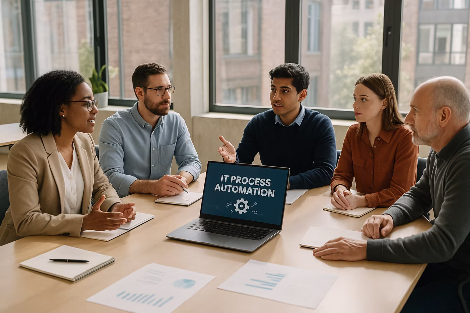 Diverse team discussing IT process automation