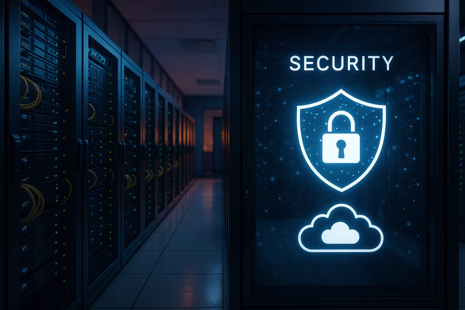 Secure cloud server room evening