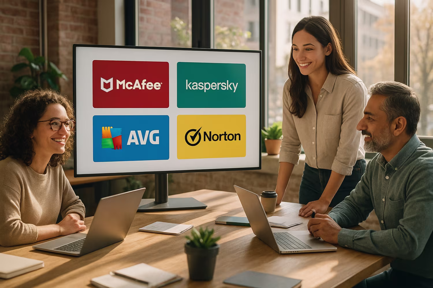 Diverse team discussing best antivirus software