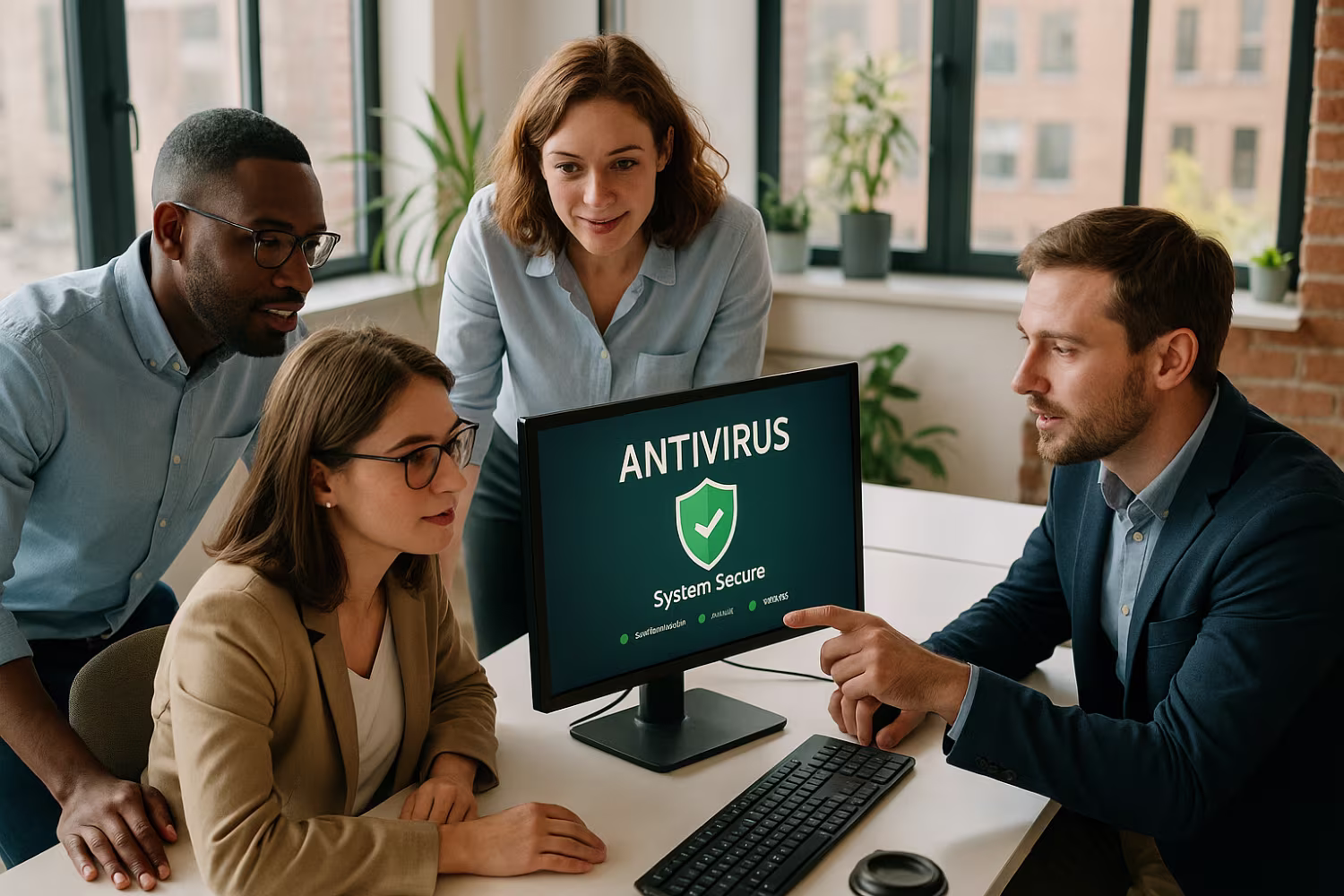 Employees discussing best antivirus software