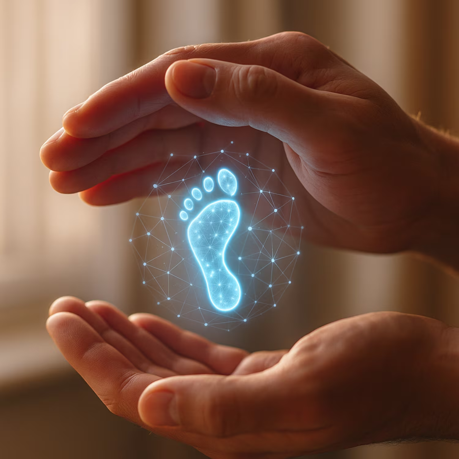 Hand protecting glowing digital footprint