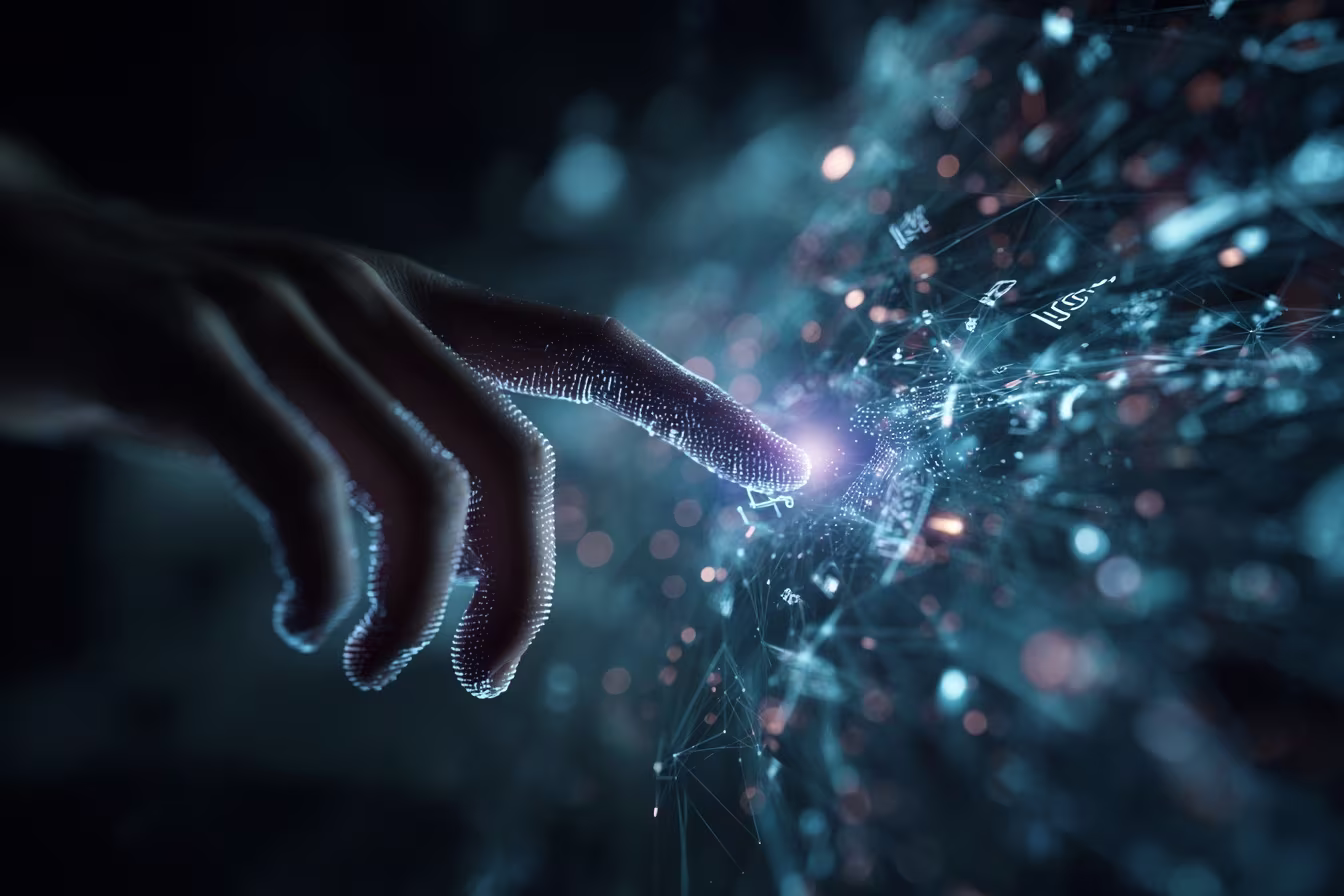 Person interacting with holographic digital footprint