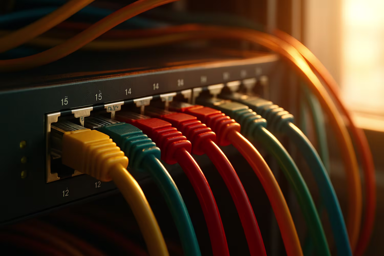 Neatly organized colorful network cabling