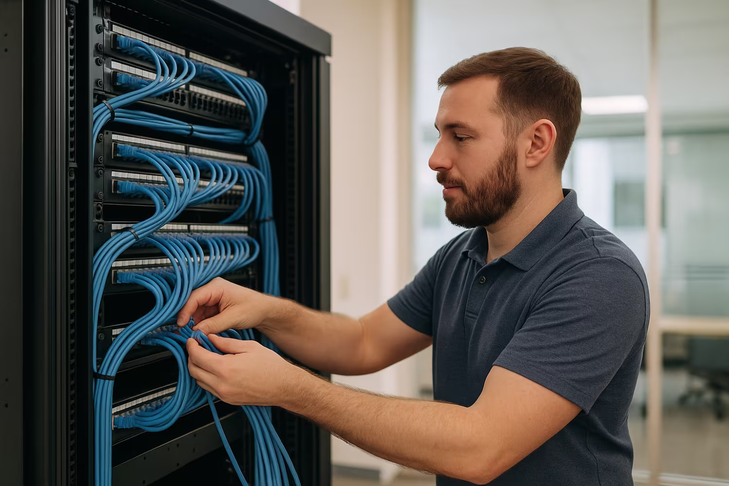 IT technician installing network cables