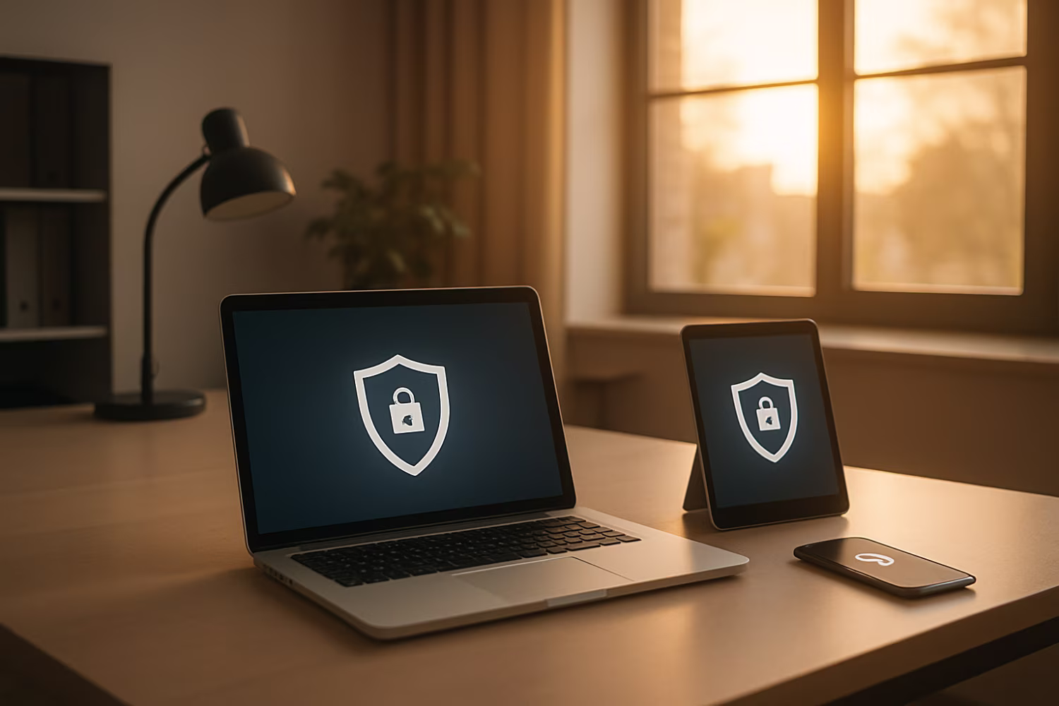 Secure devices in dawn-lit office