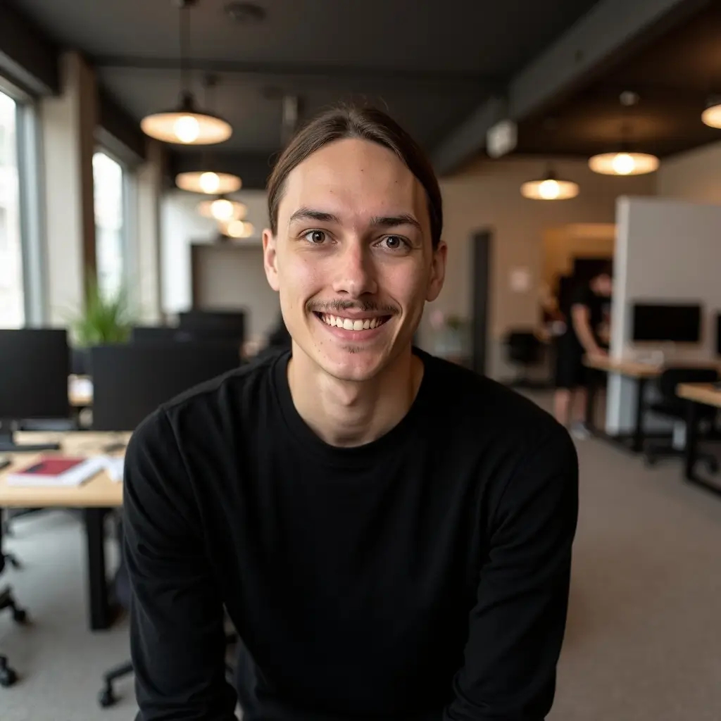 Smiling IT professional in black sweater at modern managed services office workspace in Burlington Ontario