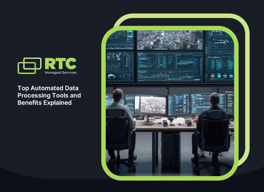 RTC Managed Services logo and two IT professionals monitoring multiple data dashboards in a network operations center