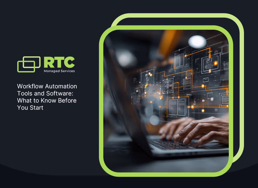 RTC Managed Services logo and person typing on laptop with glowing workflow automation diagrams floating above screen