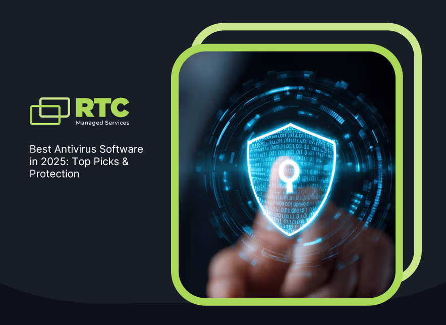 RTC Managed Services logo and finger touching glowing cybersecurity shield with binary code, antivirus software 2025