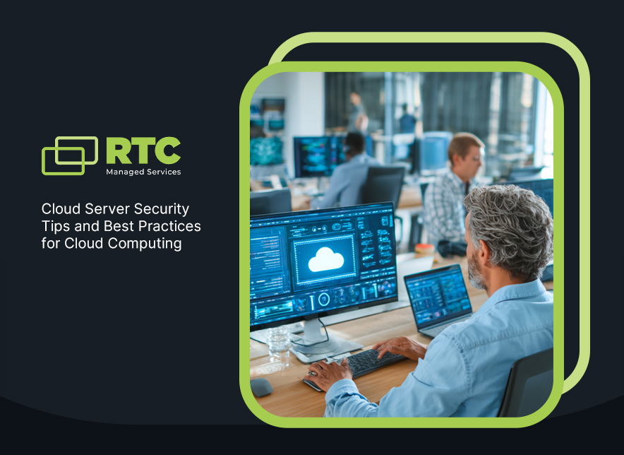 IT professional managing cloud server security on multiple monitors in a modern managed services operations center