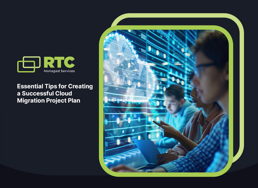 RTC Managed Services logo and IT professionals analyzing cloud infrastructure data on laptops in a server room
