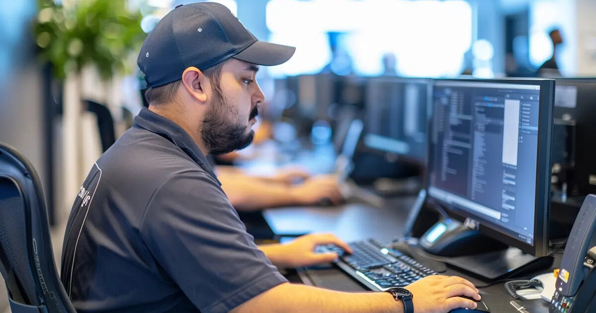 IT technician working at dual monitor workstation in managed IT support operations center, Burlington Ontario