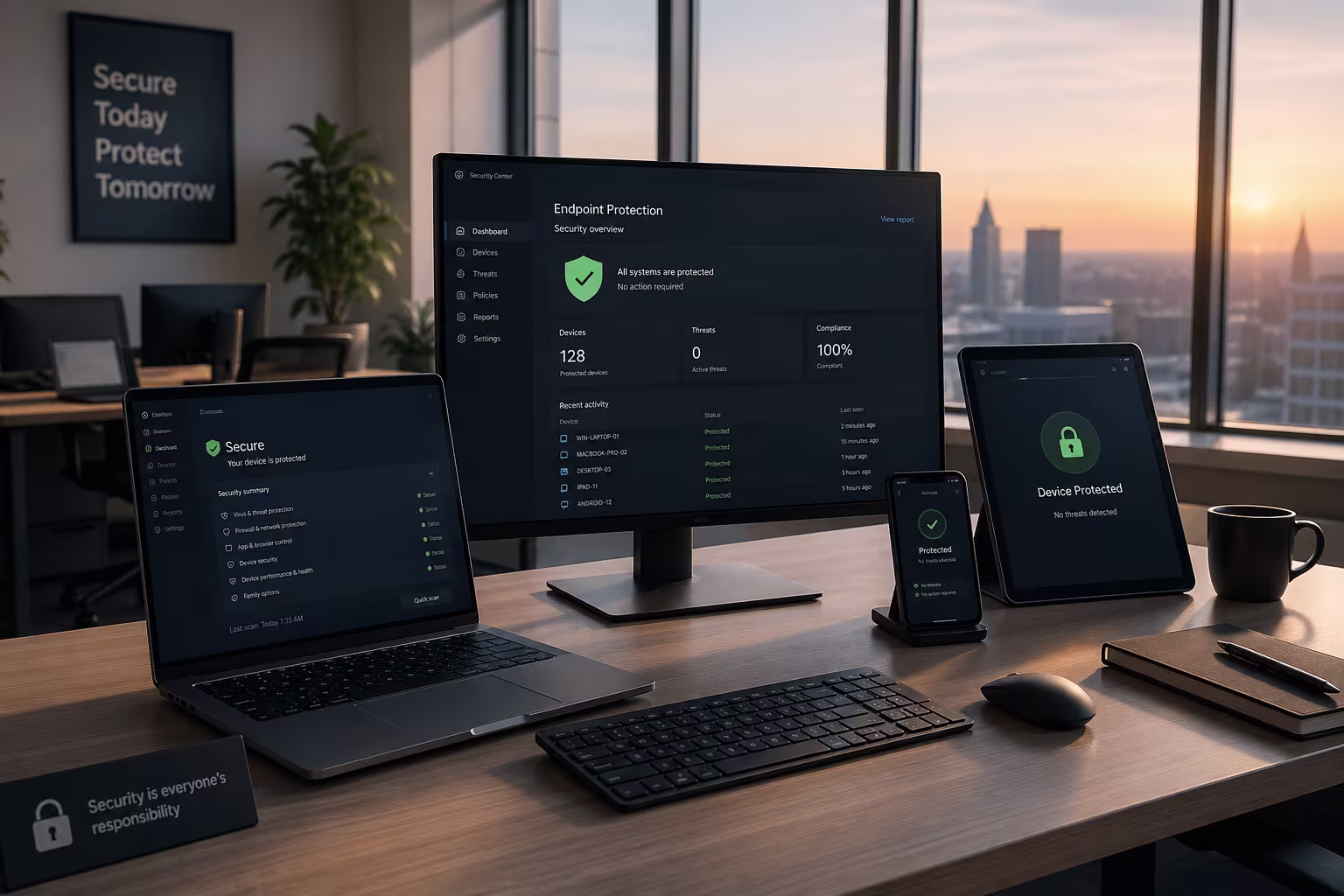 Secure devices in dawn-lit office