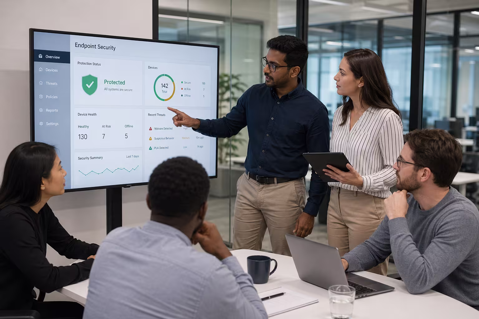 Diverse team discussing endpoint security
