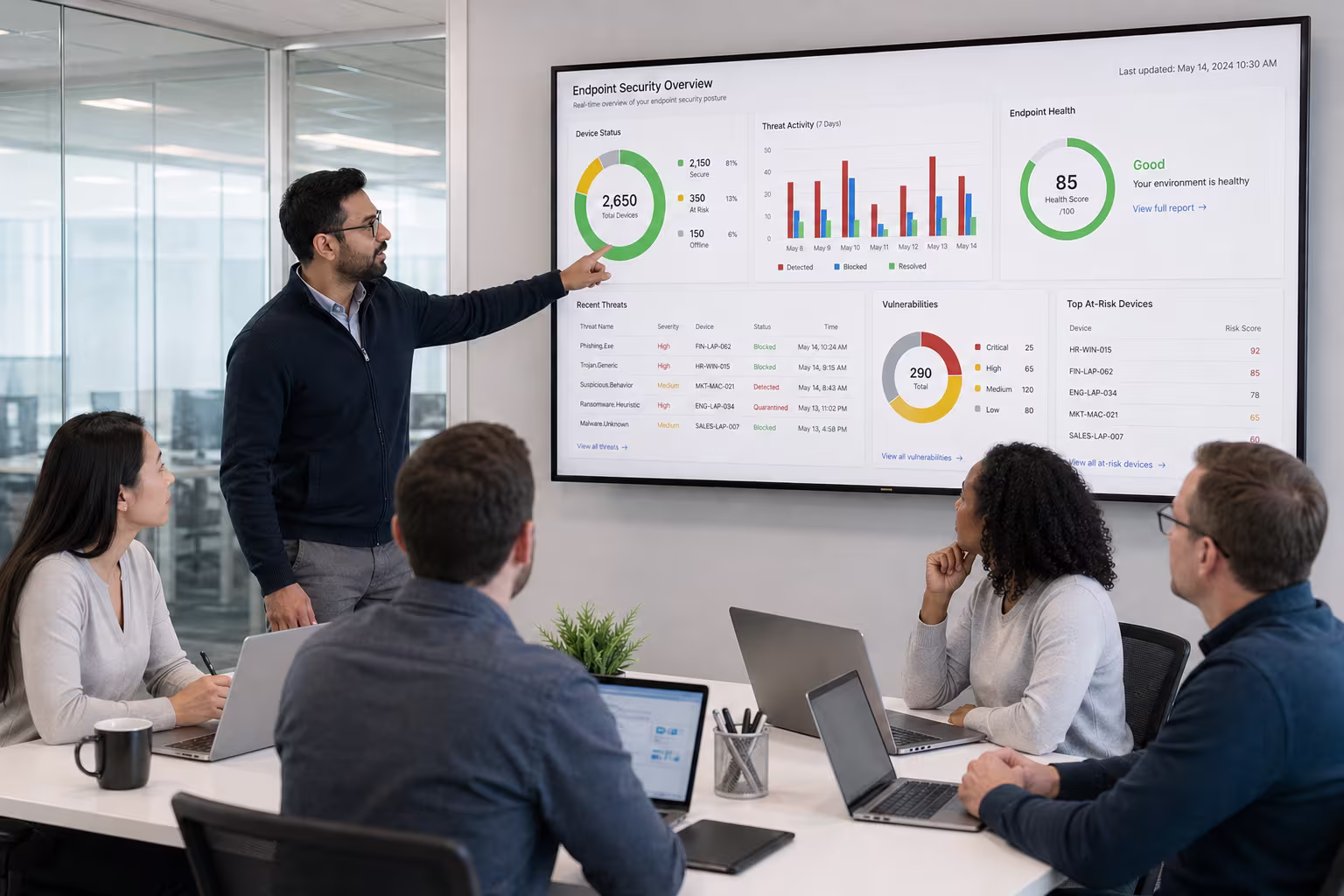 Team analyzing endpoint security analytics