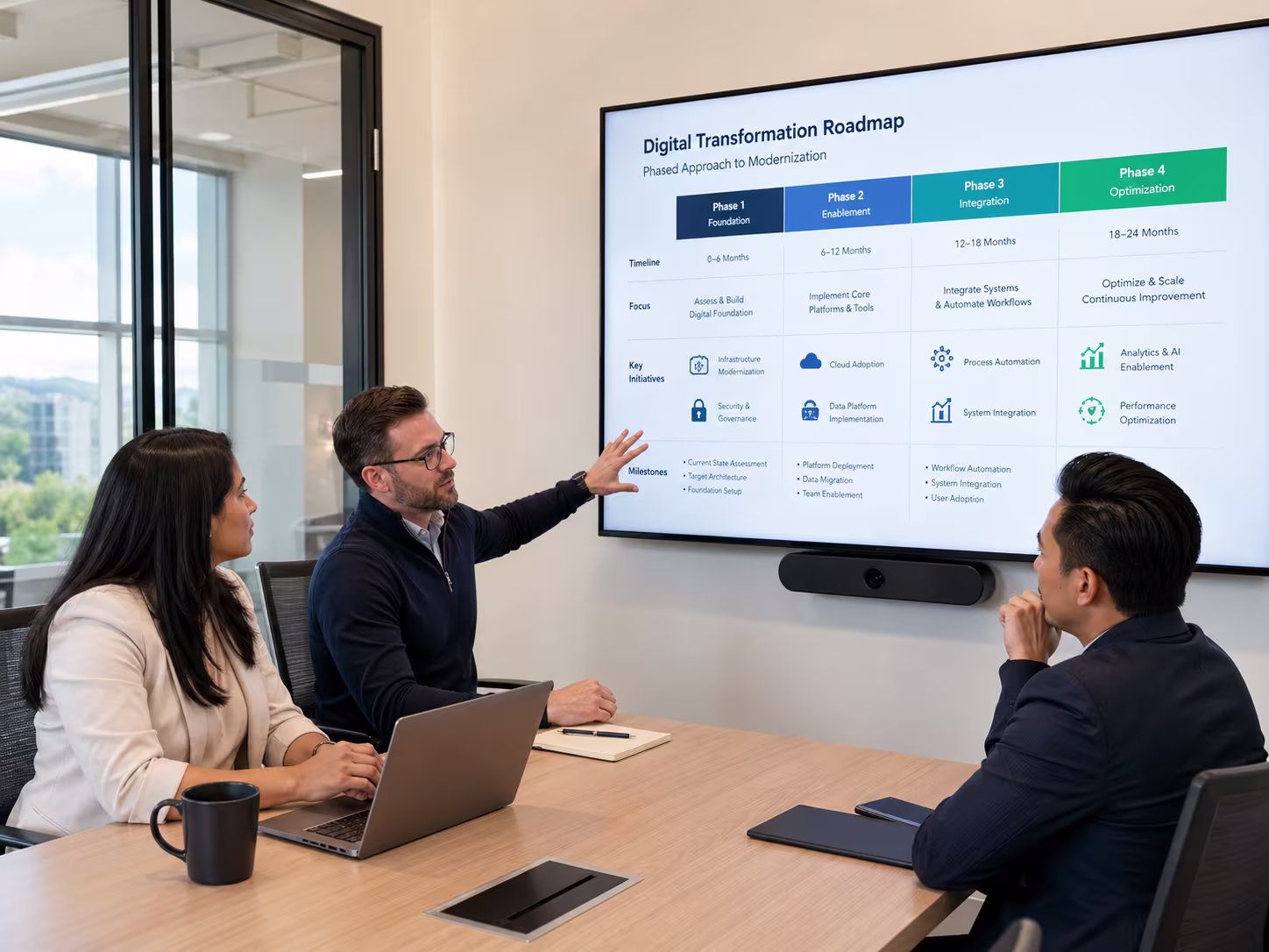 Professionals discussing digital transformation roadmap