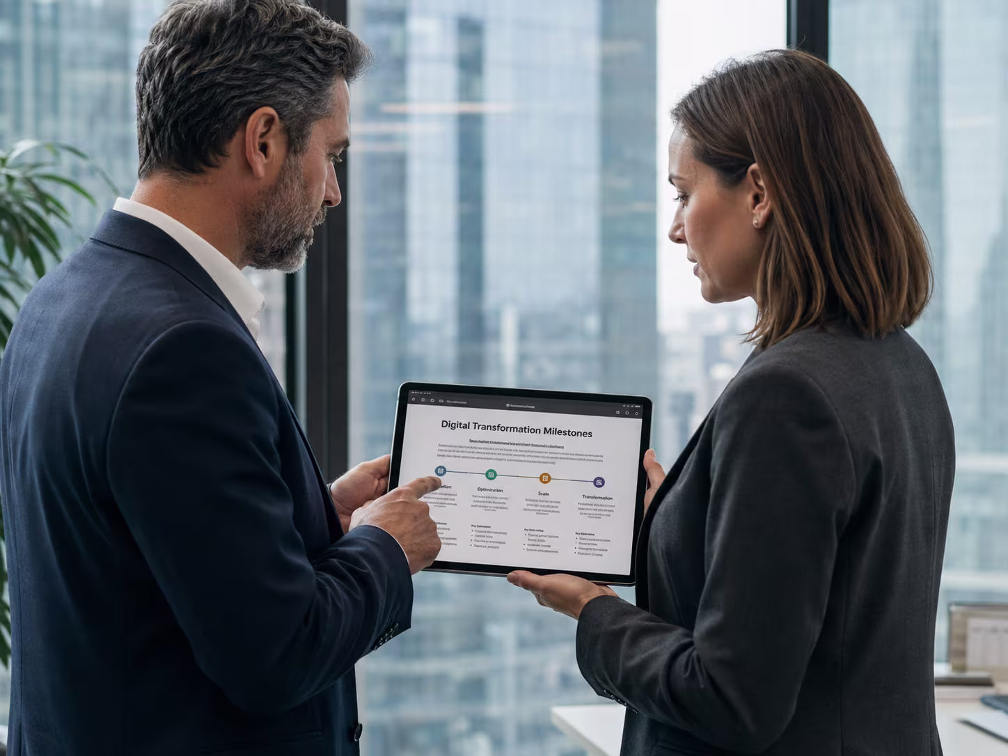 Employees discussing digital transformation roadmap