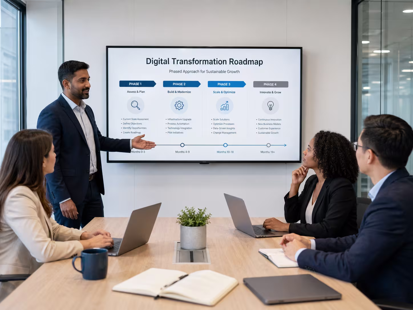 Diverse team discussing digital transformation roadmap