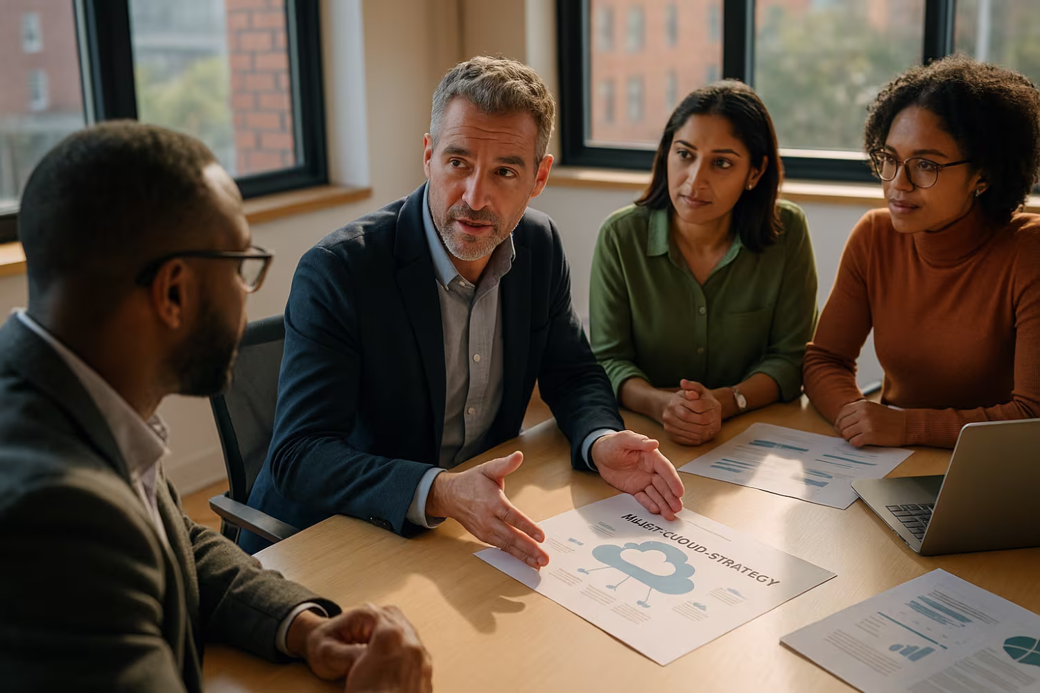 Diverse professionals discussing multi-cloud strategy
