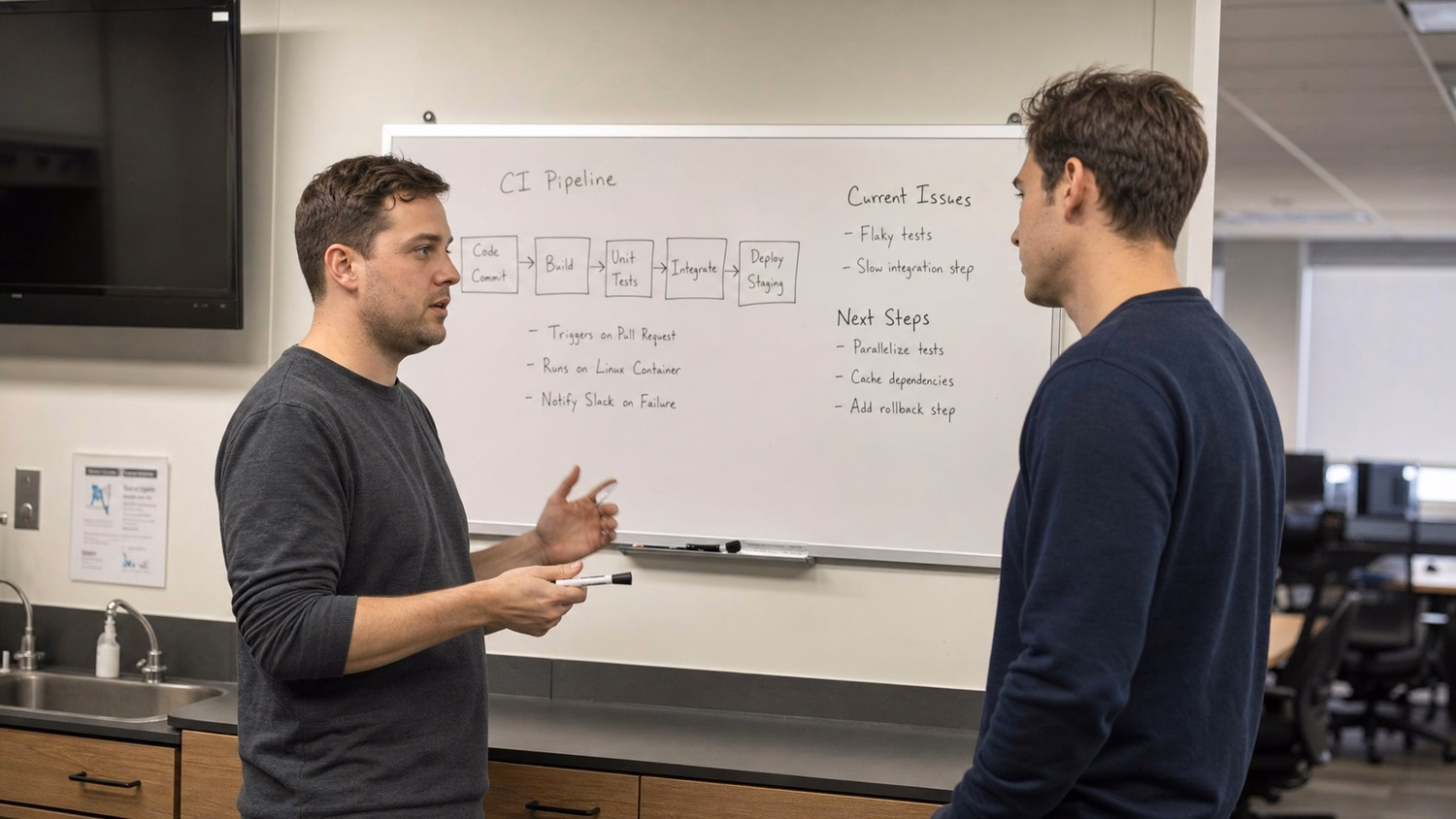 INFORMAL HUDDLE An IT professional  two people standing and talking near a ki