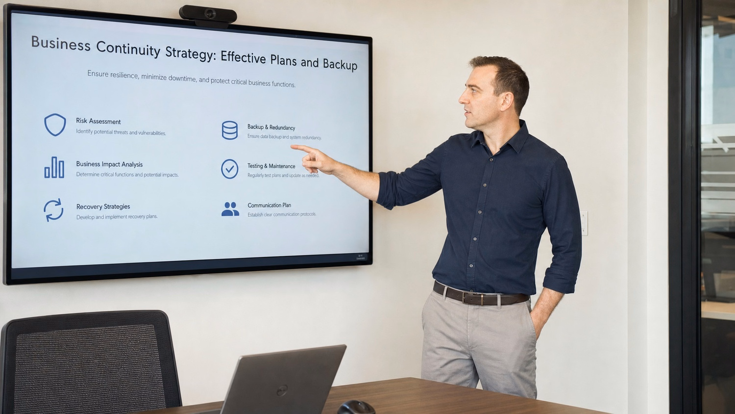 PRESENTATION SCREEN An IT professional one person standing beside a large wa