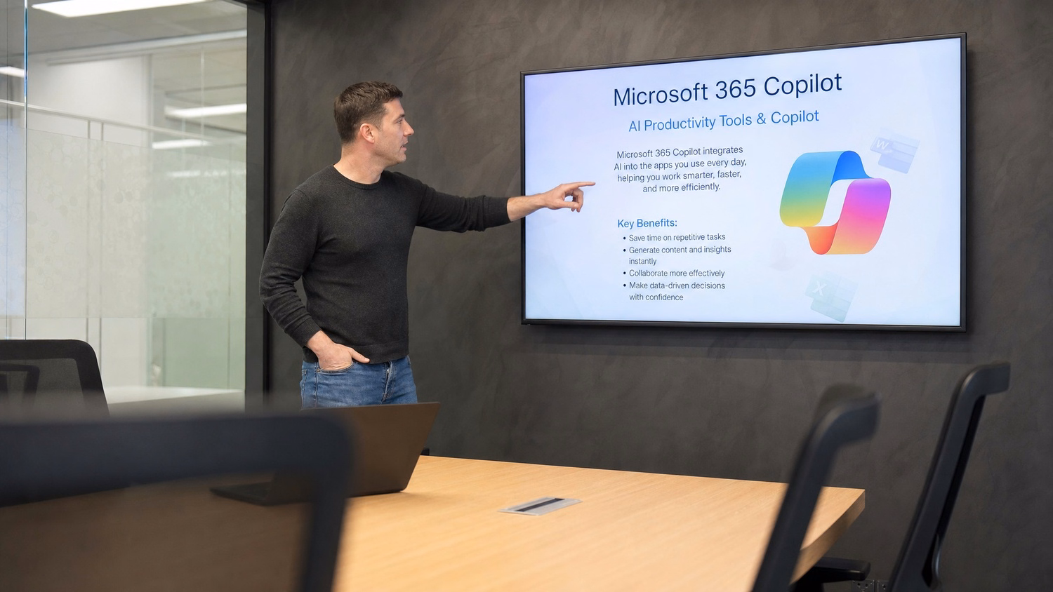 PRESENTATION SCREEN An IT professional one person standing beside a large wa