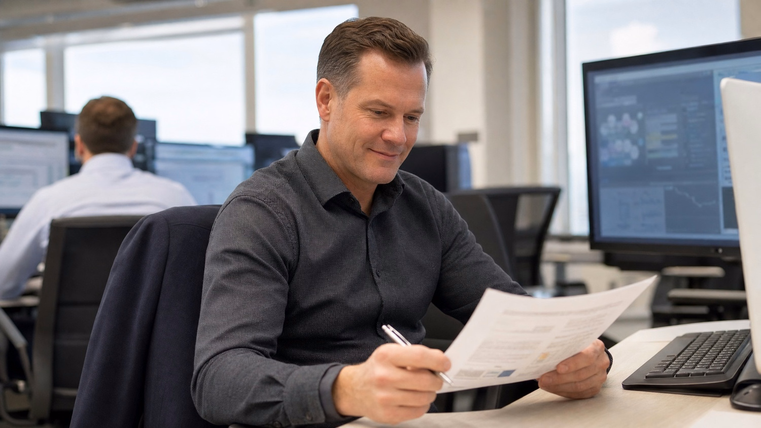Man at desk reads report, pen in hand, jacket draped on chair