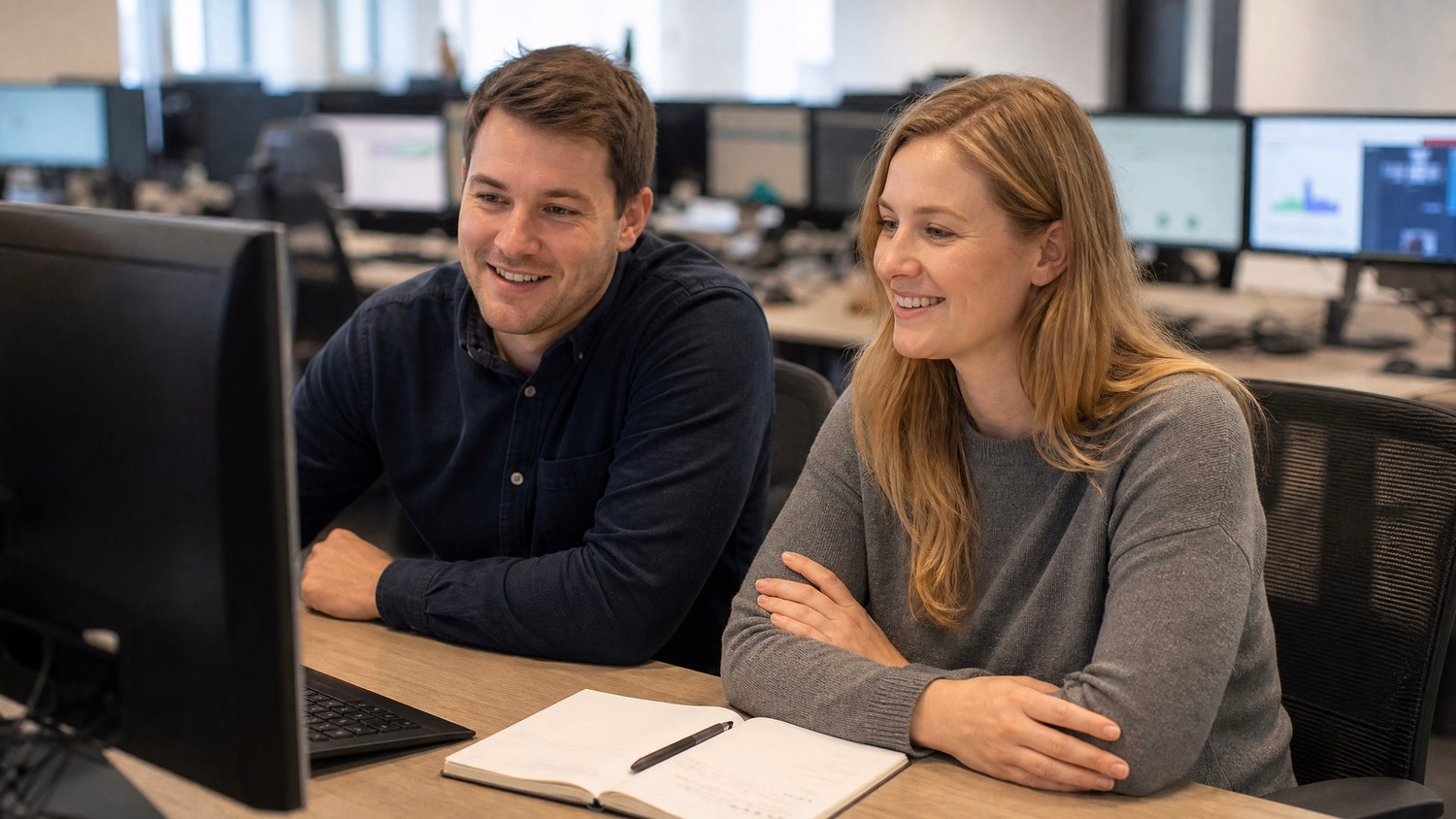 Two colleagues sit side-by-side at a table, reviewing data on a shared computer