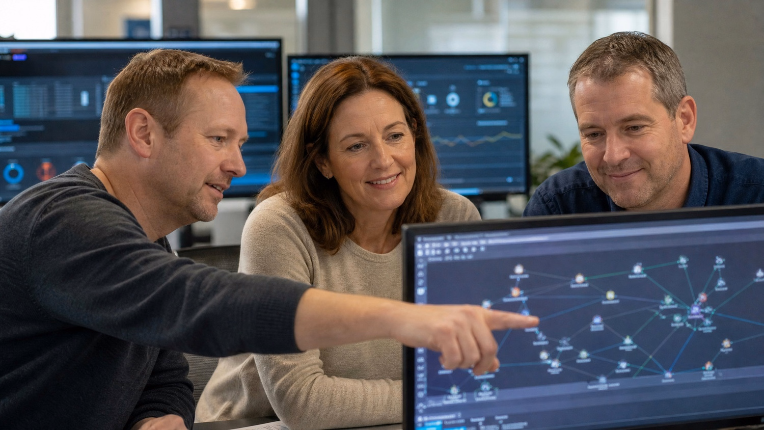 Team reviewing complex network diagram on monitor 56