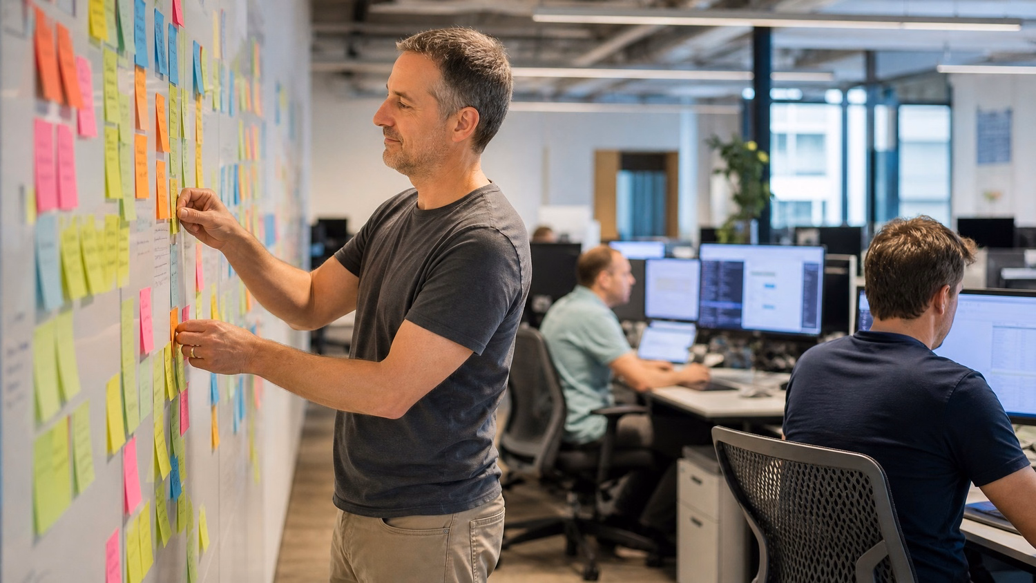 Man reviewing sticky notes on a colorful wall display 56