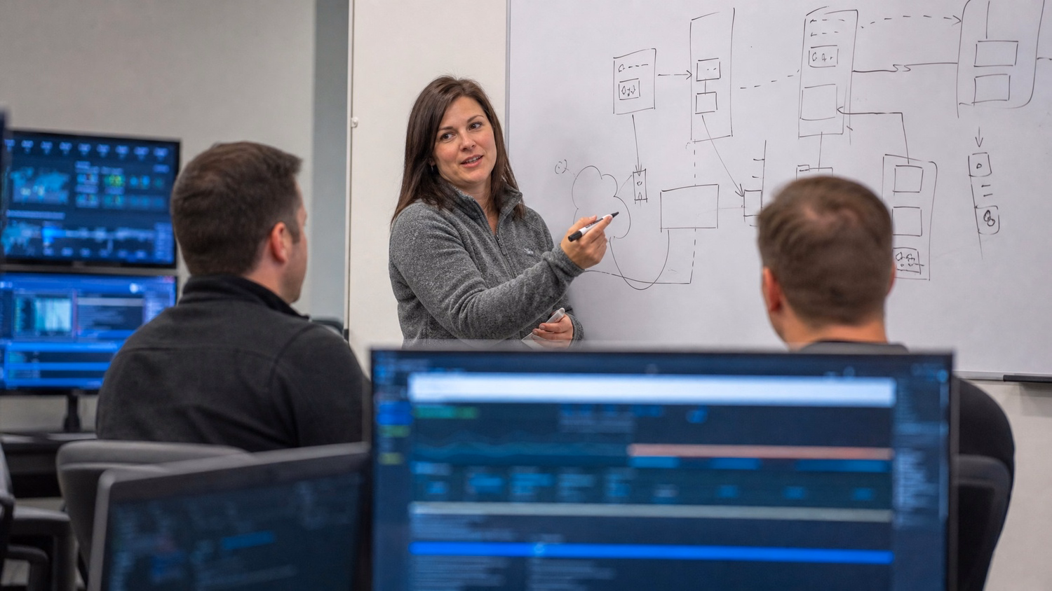 Woman explaining security process at whiteboard with marker