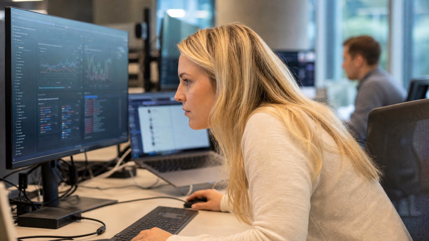 Woman analyzing AI performance dashboard, detailed metrics