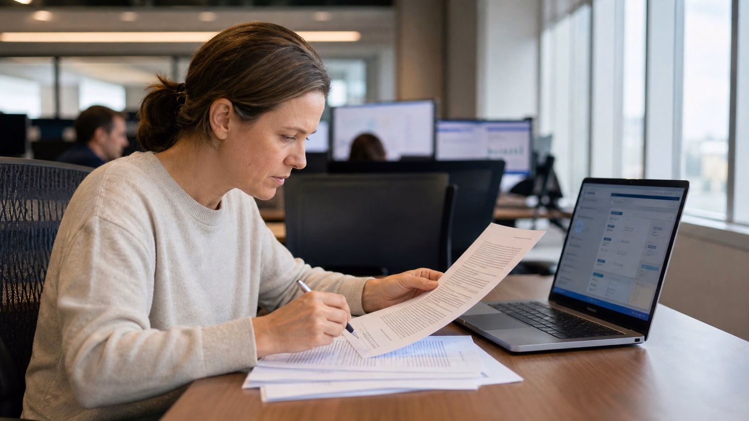 Woman annotates report, comparing documents to laptop screen 69