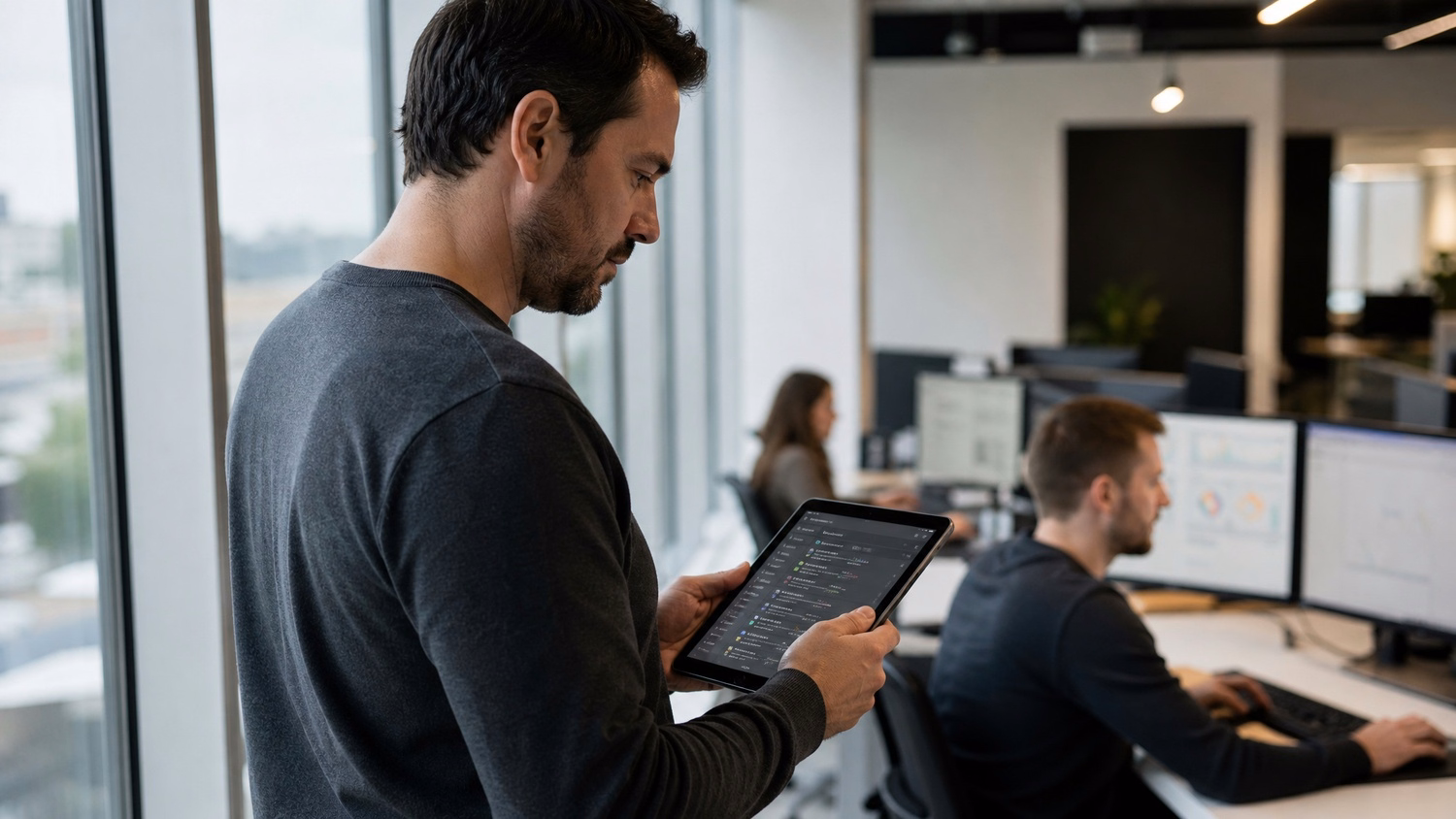 Man reviews user access report on tablet, focused expression