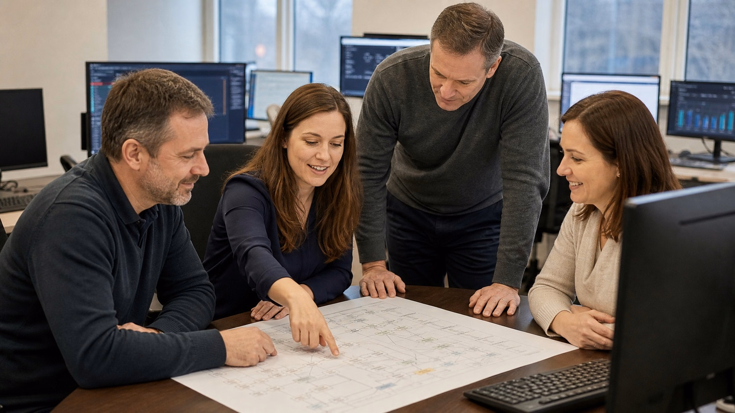 IT team discusses system access flowchart at table