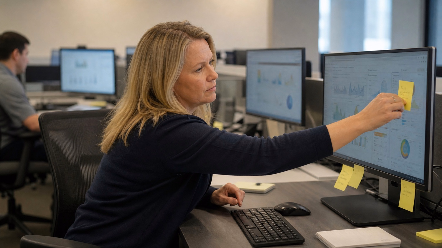 Woman placing sticky note on complex dashboard monitor