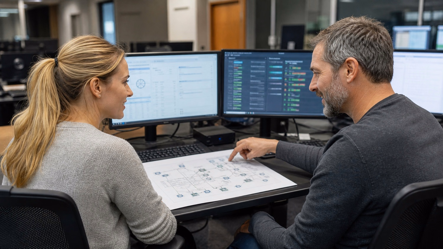 Two IT professionals discuss network diagram at desks