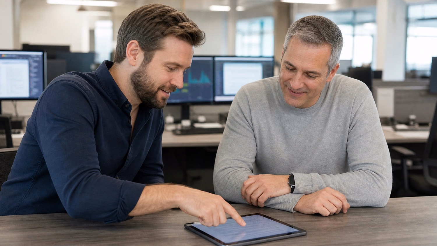 Men review digital security policy at conference table 58