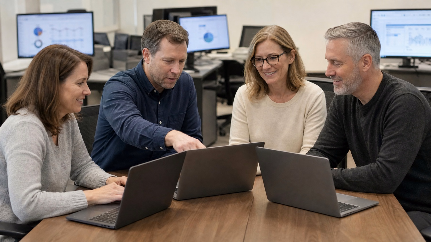 Team collaborating around table with open laptops