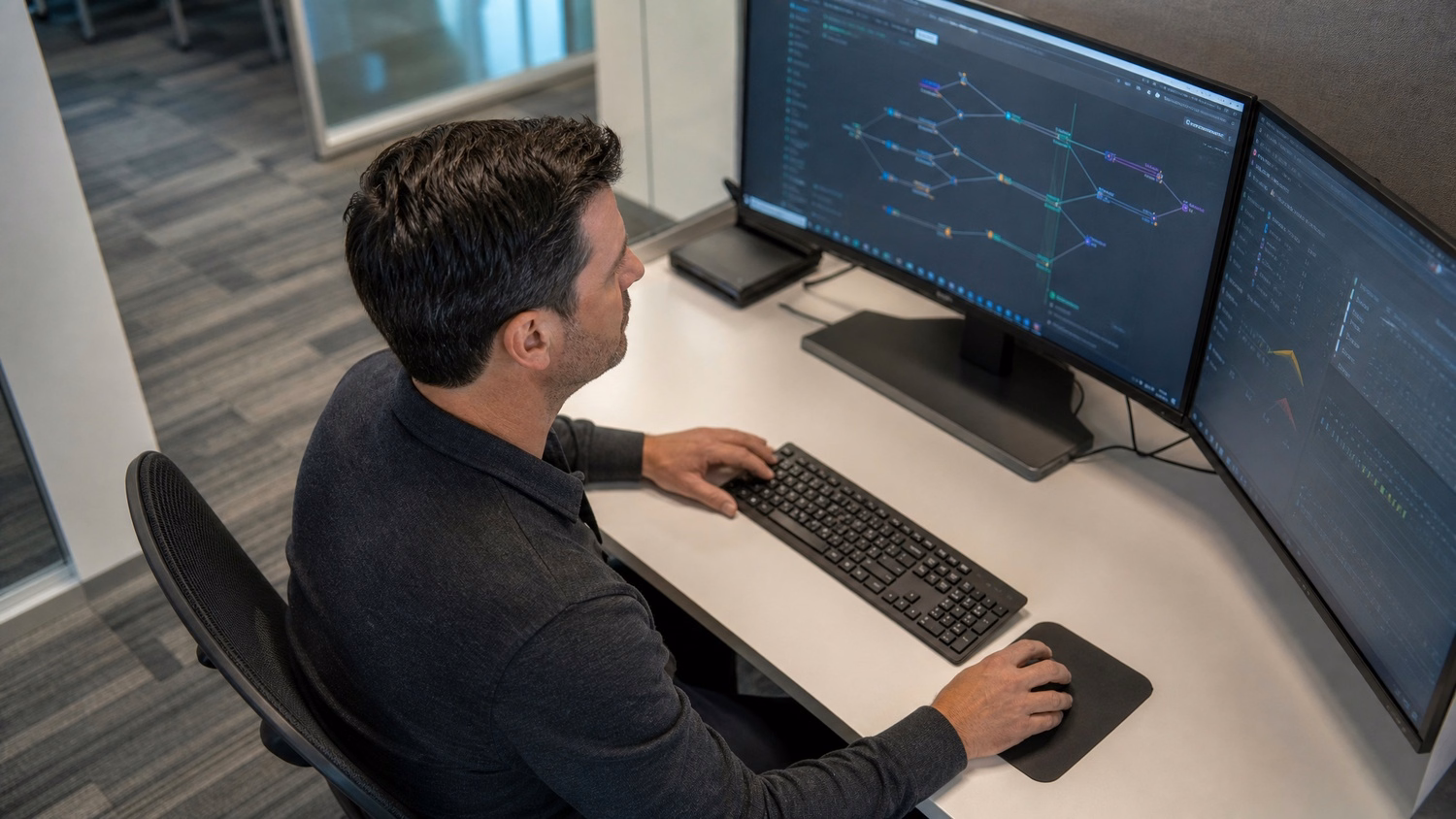 Man at desk reviewing network diagram on monitor
