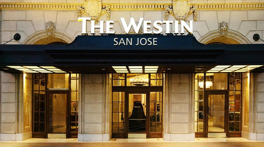 The illuminated entrance of The Westin San Jose in downtown San Jose
