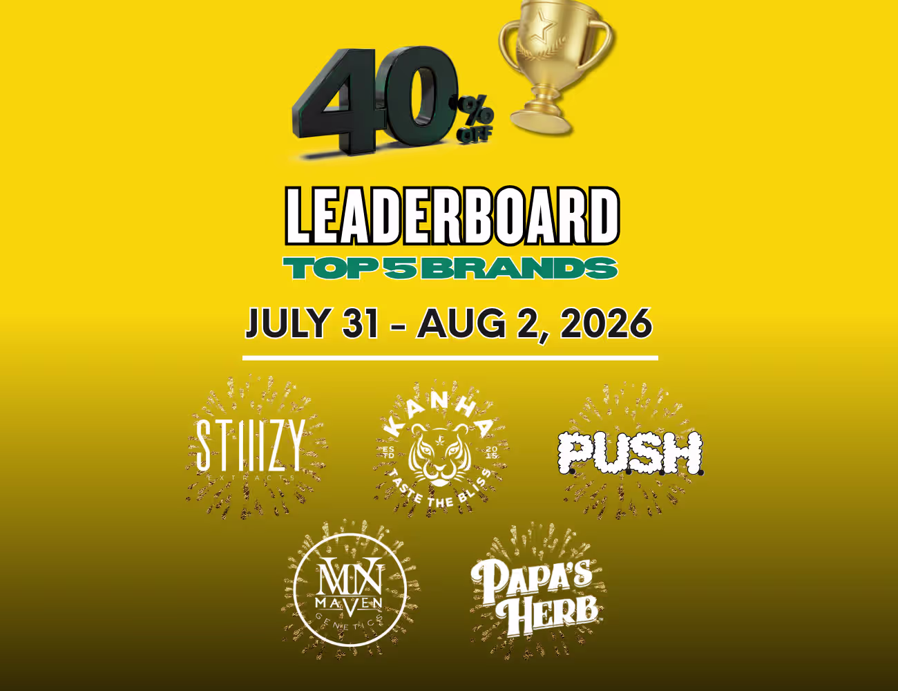 Yellow gradient Leaderboard Sale graphic with a gold trophy, 40% off offer, July 31–August 2 dates, and logos for STIIIZY, KANHA, PUSH, Maven Genetics, and Papa’s Herb.
